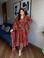 Red Ajarakh Buta Pure Cotton Anarkali Suit Set