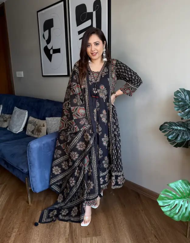 Black Ajarakh Buta Pure Cotton Anarkali Suit Set