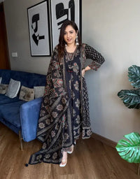 Black Ajarakh Buta Pure Cotton Anarkali Suit Set