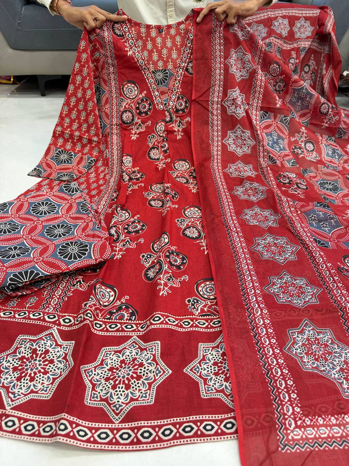 Red Ajarakh Buta Pure Cotton Anarkali Suit Set