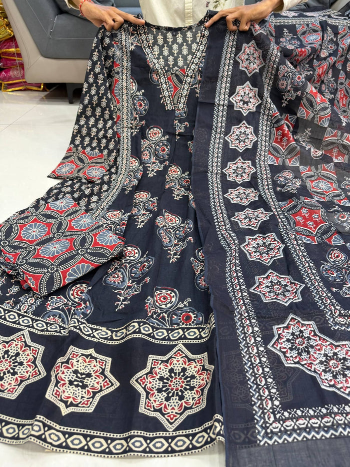 Black Ajarakh Buta Pure Cotton Anarkali Suit Set