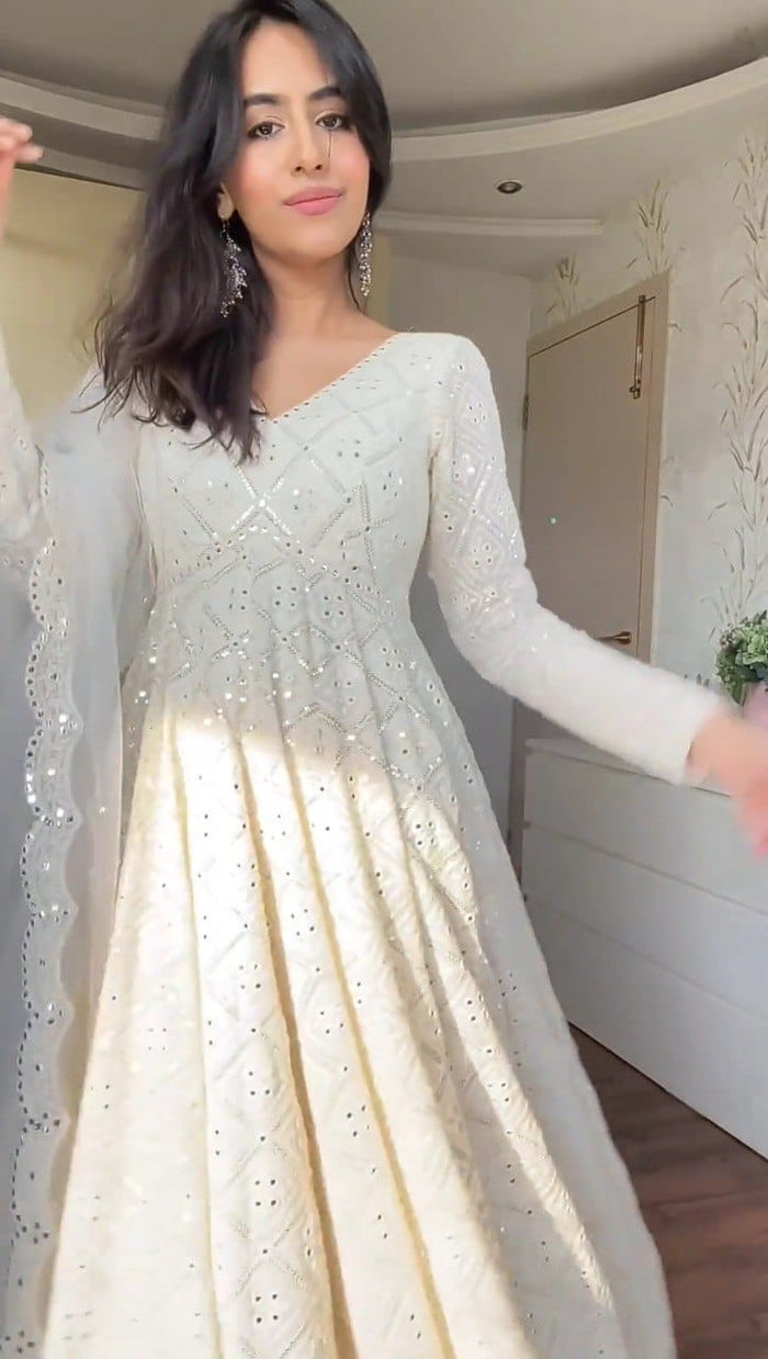 Ivory Mirror Work Georgette Anarkali Suit Set