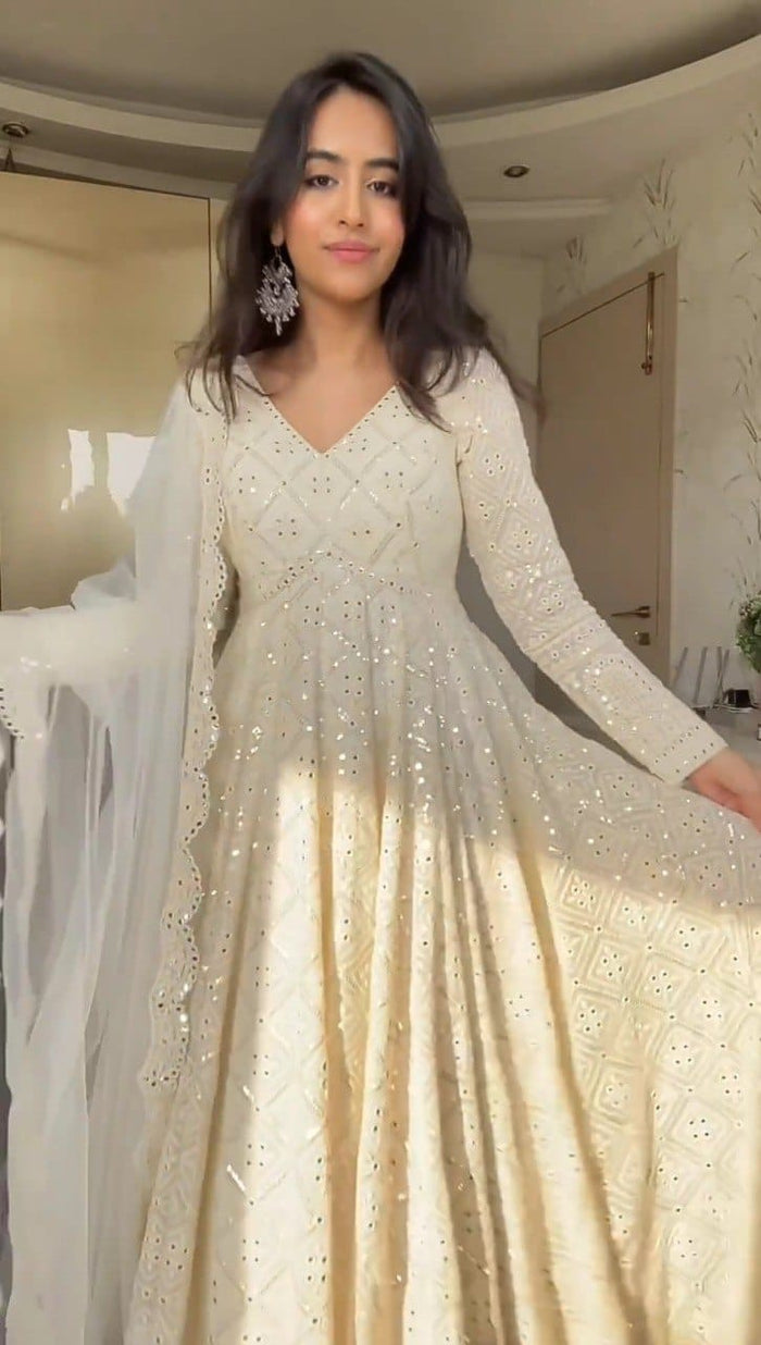 Ivory Mirror Work Georgette Anarkali Suit Set
