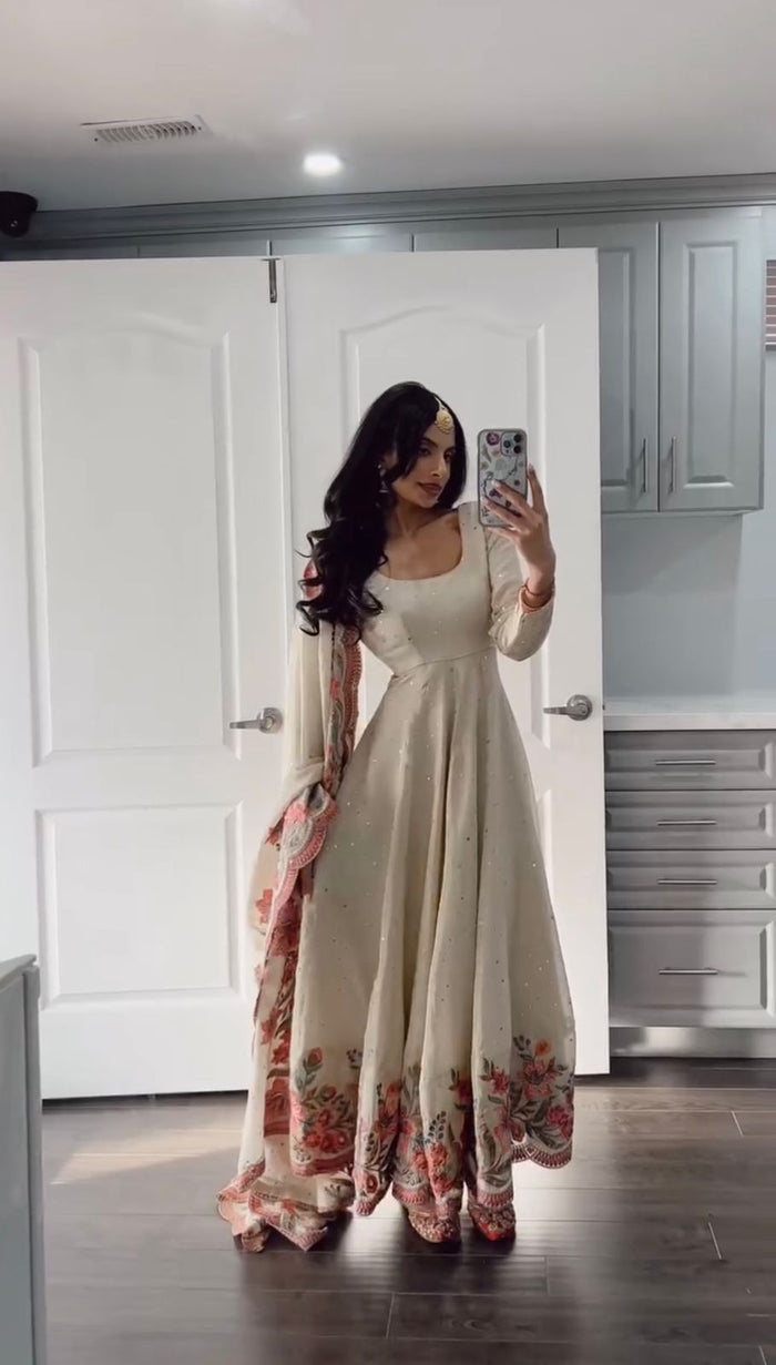 Ivory Chinon Silk Anarkali Suit Set