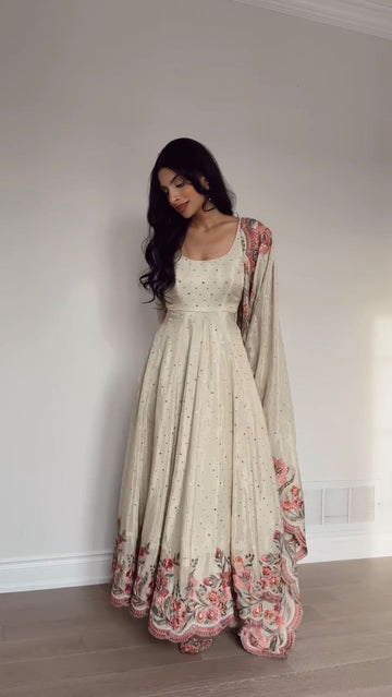 Ivory Chinon Silk Anarkali Suit Set