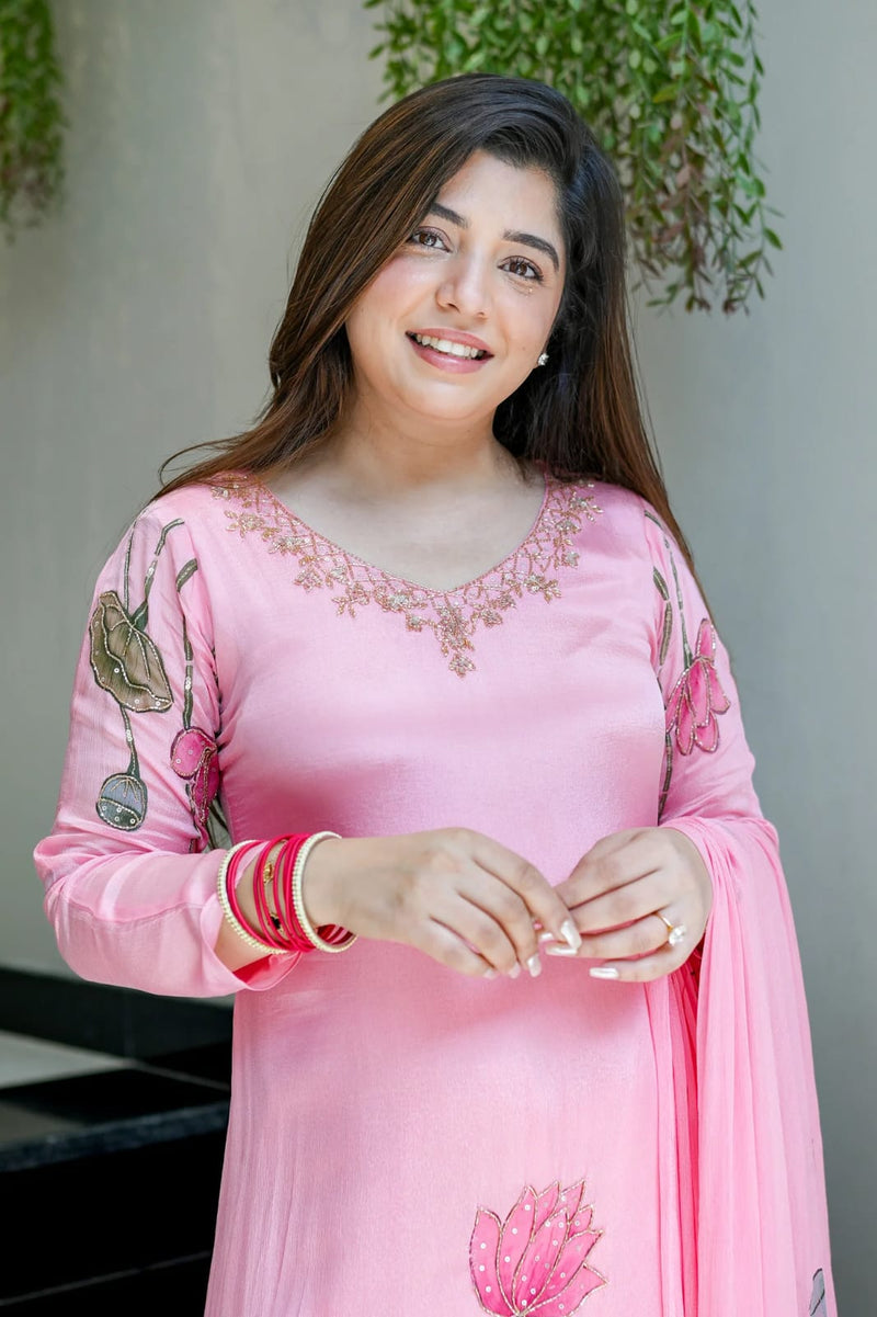 Pink Chinon Straight Kurta Set for Women
