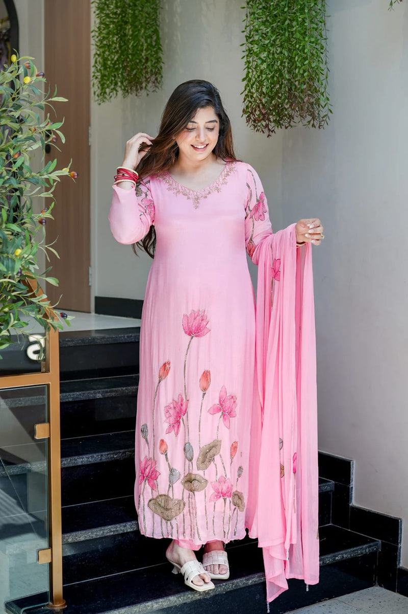 Pink Chinon Straight Kurta Set for Women