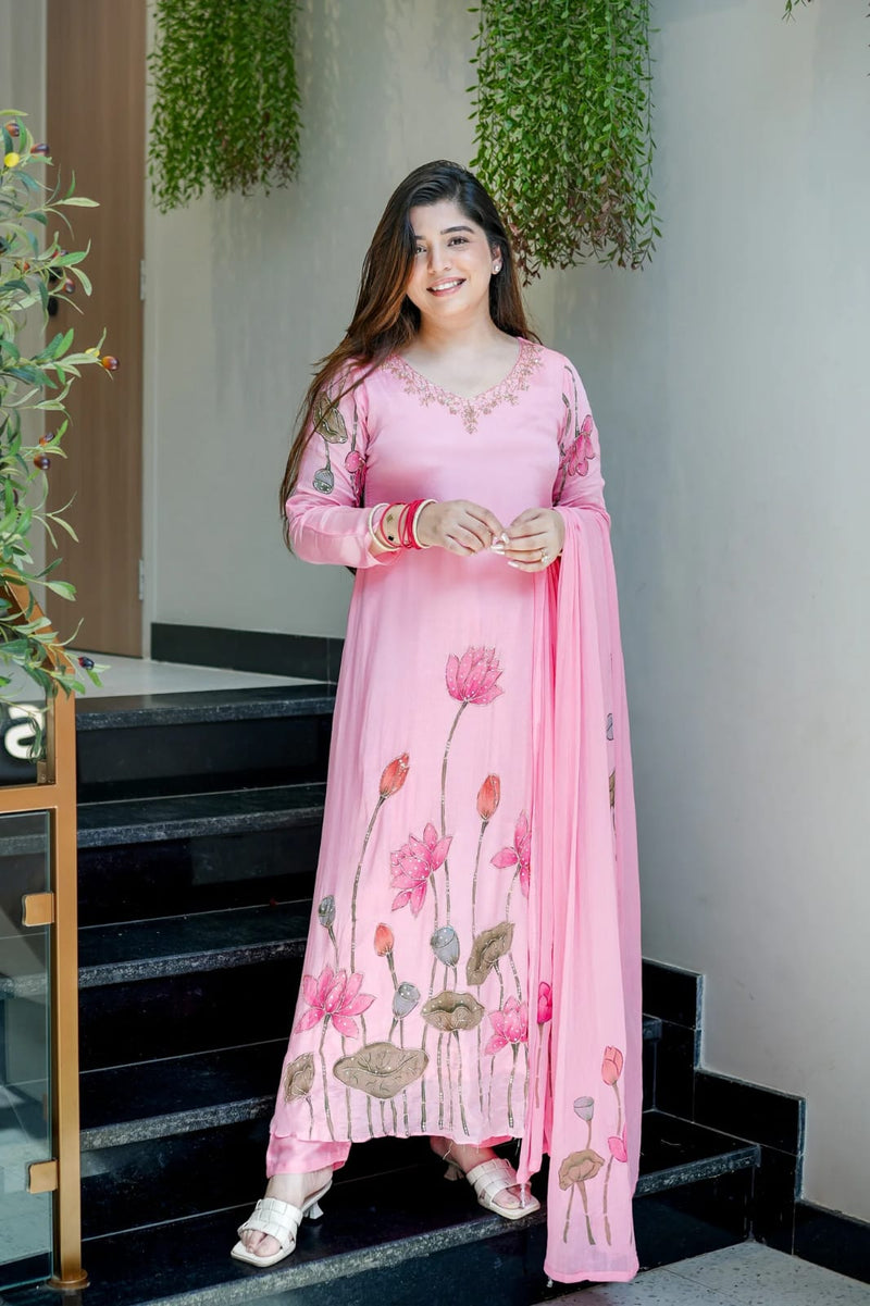 Pink Chinon Straight Kurta Set for Women