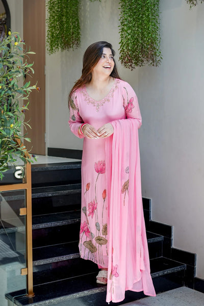 Pink Chinon Straight Kurta Set for Women