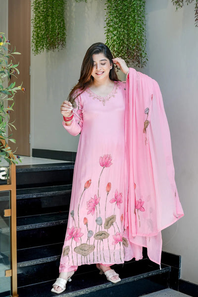 Pink Chinon Straight Kurta Set for Women