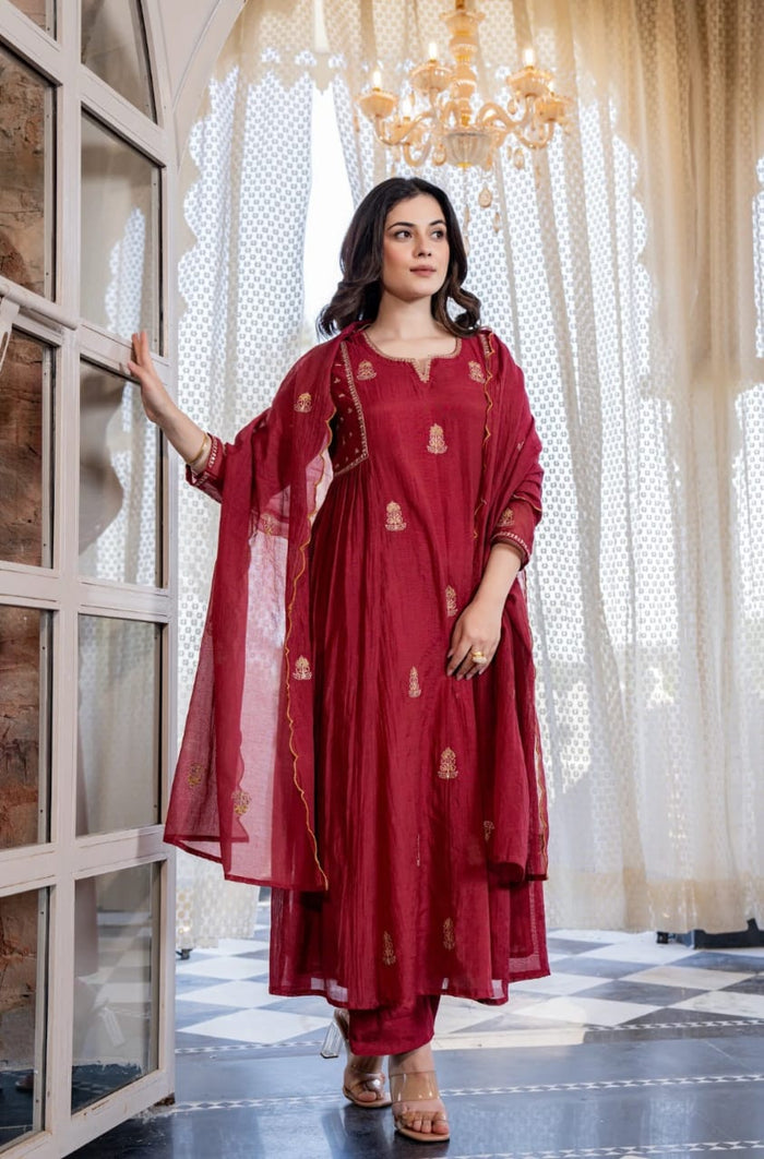 Red Pure Mul Chanderi 3 Piece Suit Set with Dupatta