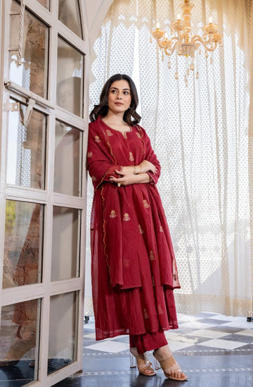 Red Pure Mul Chanderi 3 Piece Suit Set with Dupatta
