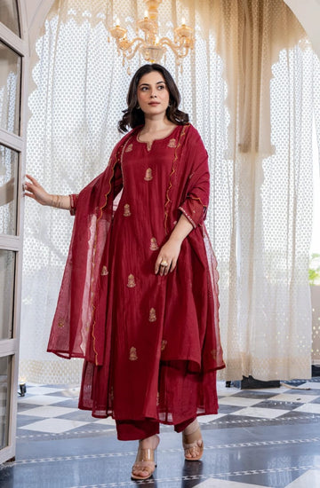 Red Pure Mul Chanderi 3 Piece Suit Set with Dupatta