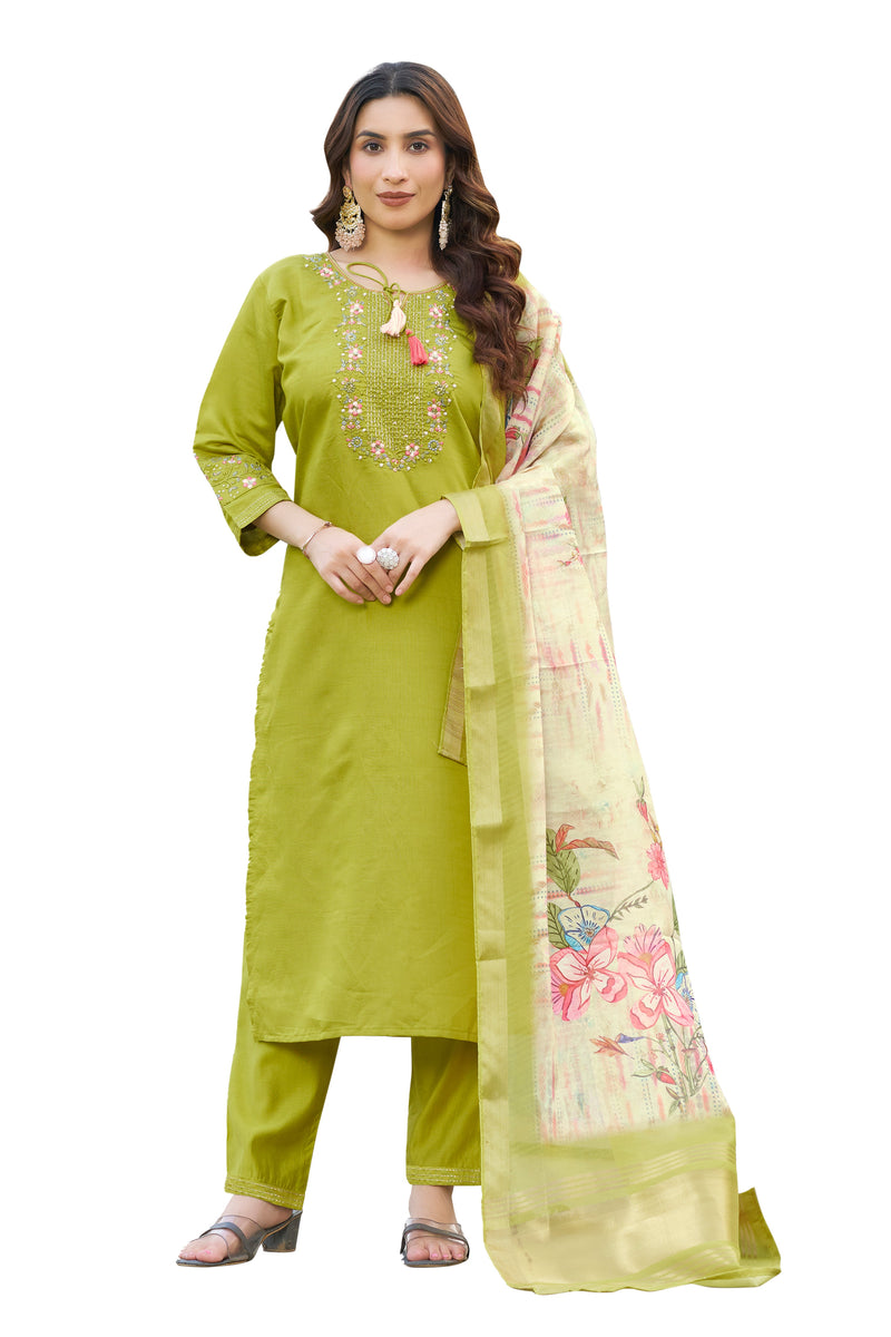 Parrot Green Viscose Silk Multi Embroidered Suit Set
