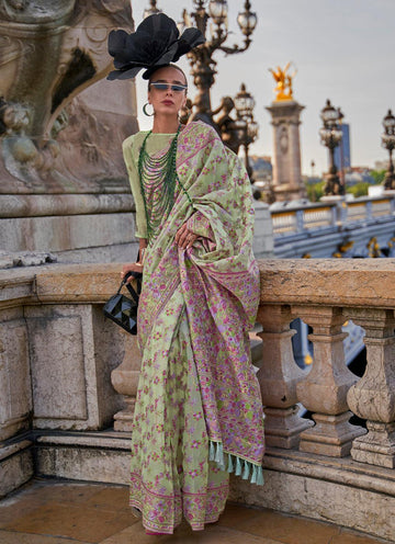 Adorable Pista Green Colored Printed Pure Soft Silk Saree