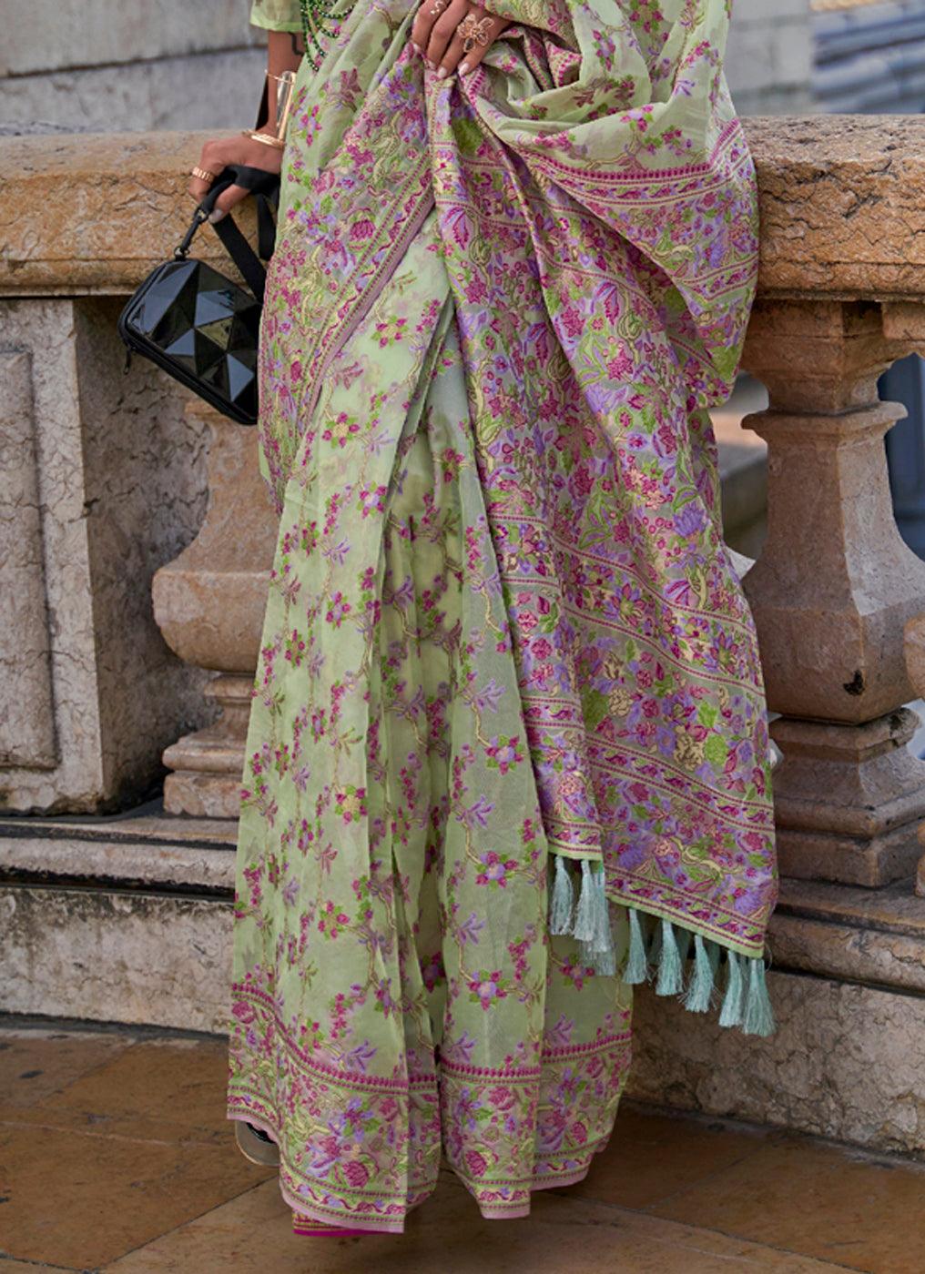 Adorable Pista Green Colored Printed Pure Soft Silk Saree - Ibis Fab