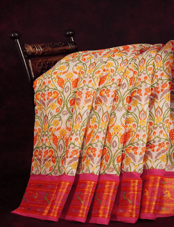 Adorning Off White Colored Cotton Linen Designer Printed Saree