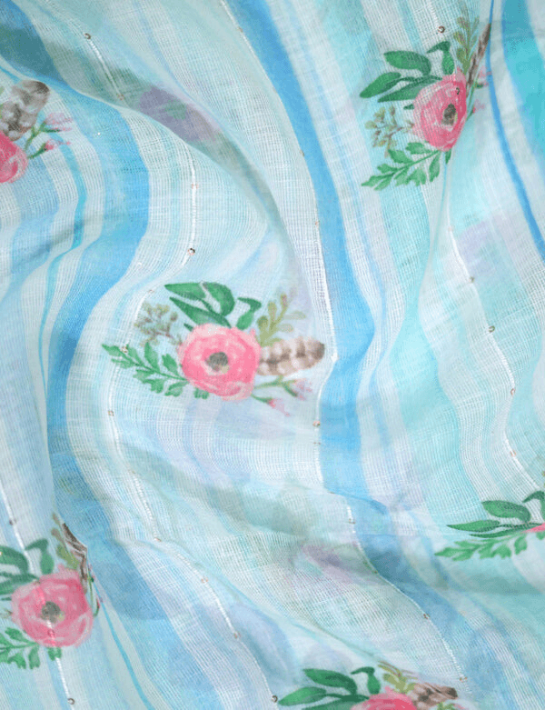 Adorning Sky Blue Colored Cotton Linen Designer Printed Saree