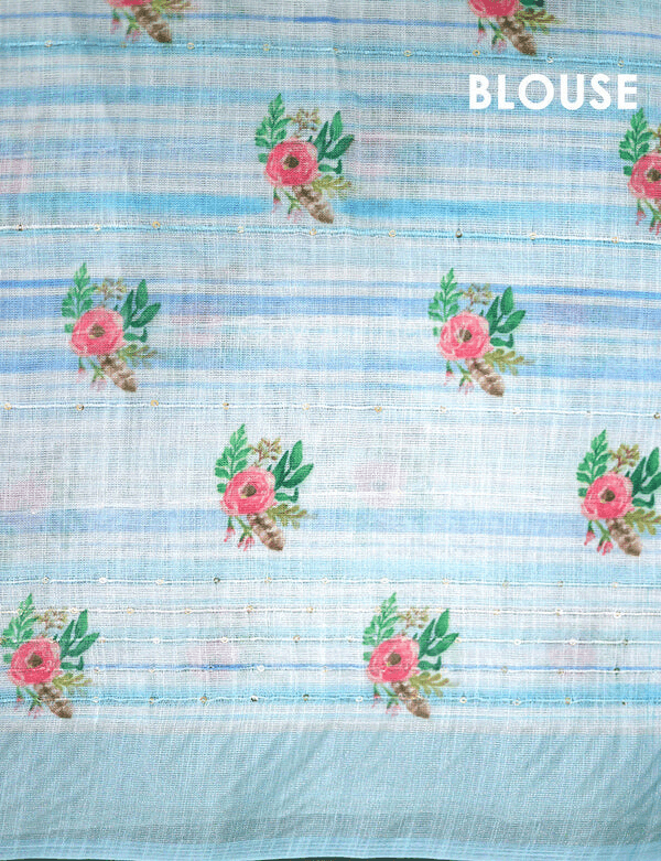 Adorning Sky Blue Colored Cotton Linen Designer Printed Saree