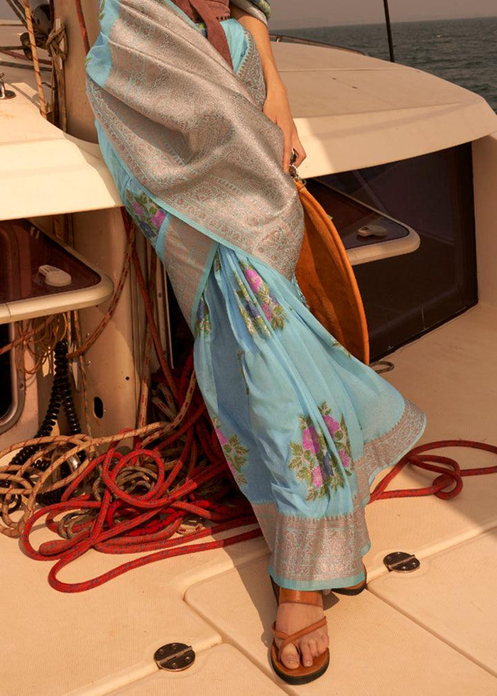 Adorning Sky Blue Colored Printed Pure Soft Silk Saree