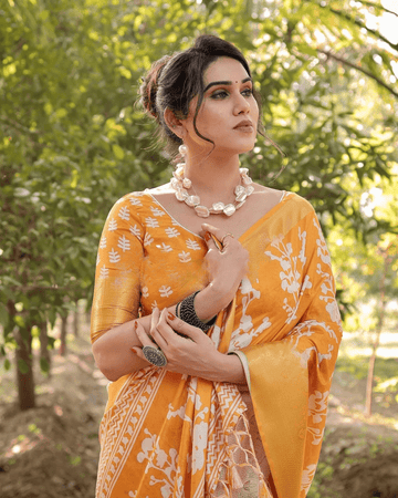 Adorning Yellow Colored Jacquard Silk Saree