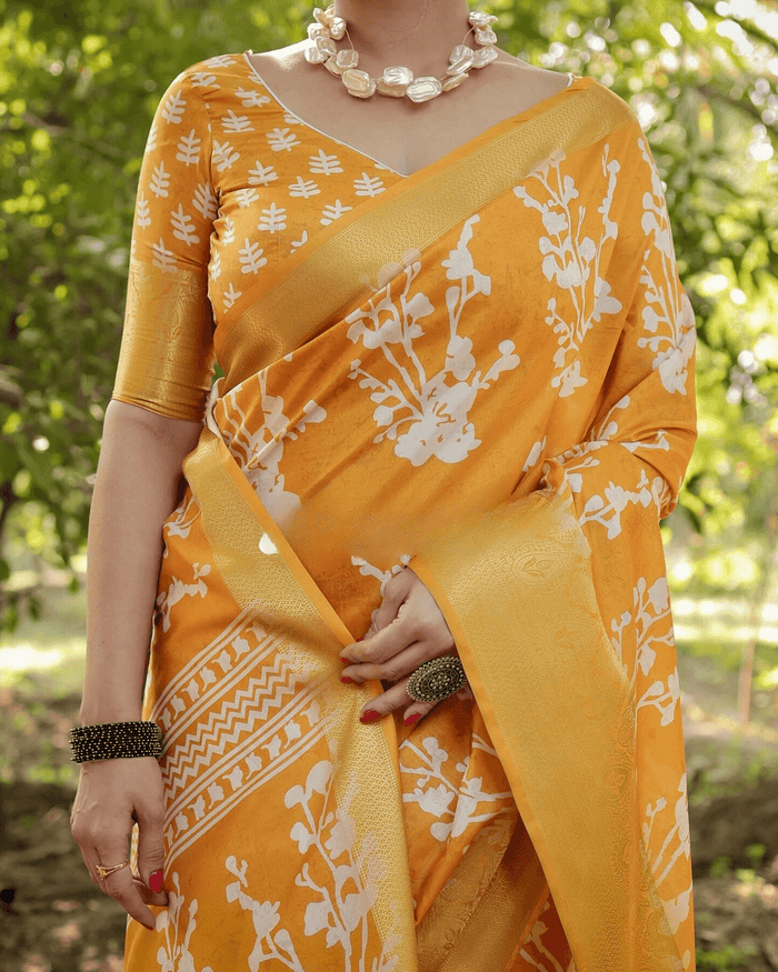 Adorning Yellow Colored Jacquard Silk Saree