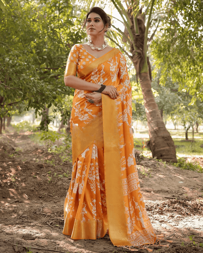 Adorning Yellow Colored Jacquard Silk Saree
