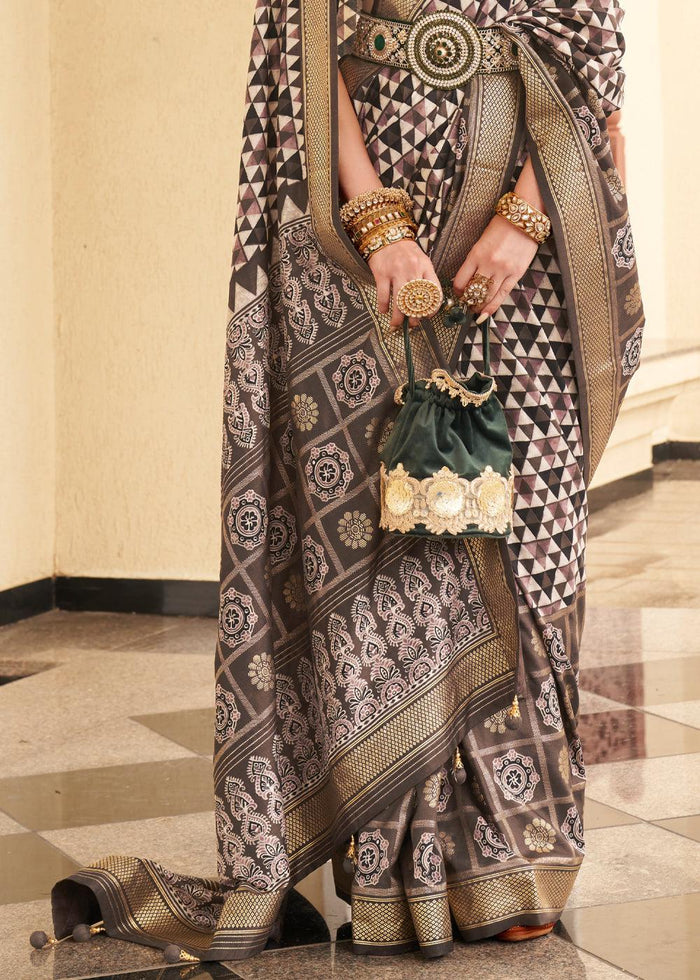 Attractive Dark Brown And White Colored Printed Pure Soft Silk Saree