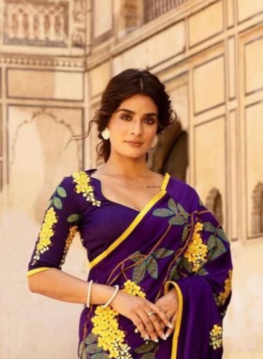 Attractive purple colour Digital Printed Linen Saree - Ibis Fab