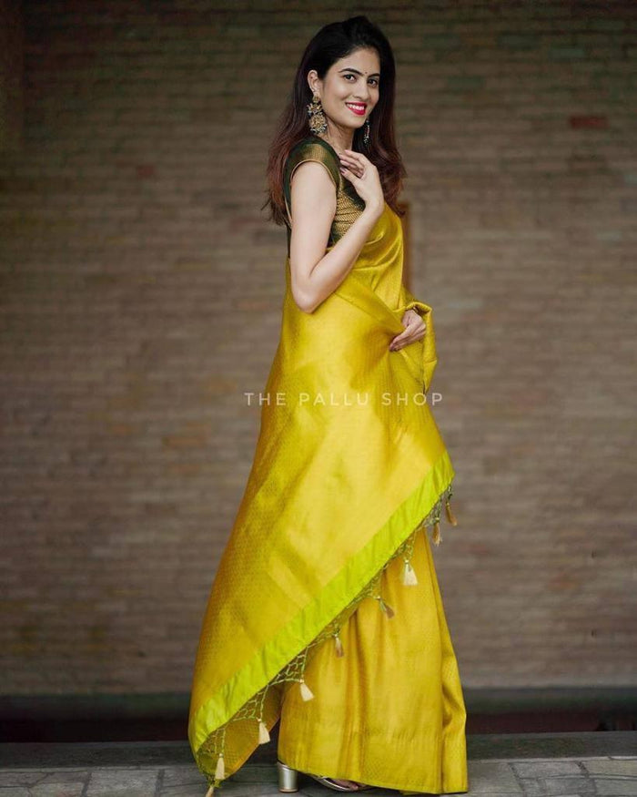 Attractive Yellow Soft Silk Saree With Pretty Blouse Piece