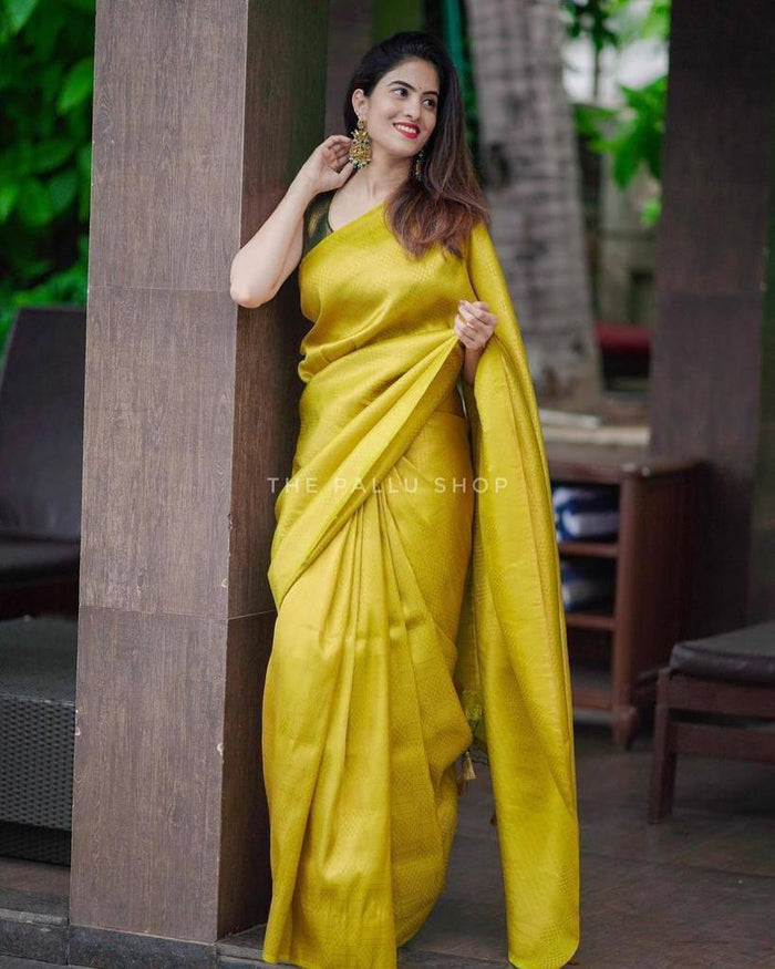 Attractive Yellow Soft Silk Saree With Pretty Blouse Piece