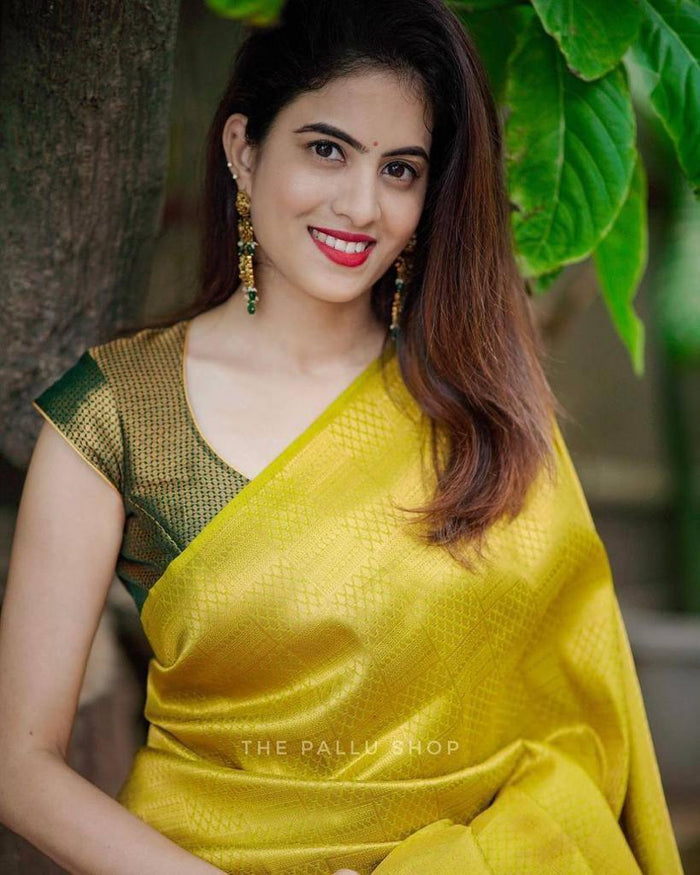 Attractive Yellow Soft Silk Saree With Pretty Blouse Piece