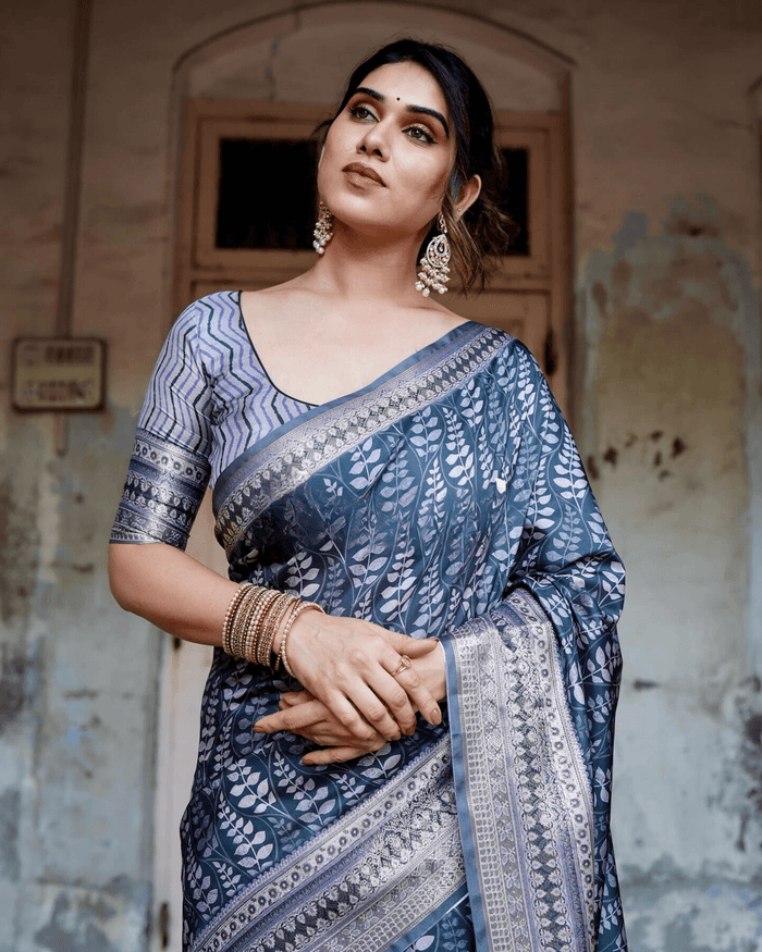 Awesome Navy Blue Colored Jacquard Silk Saree