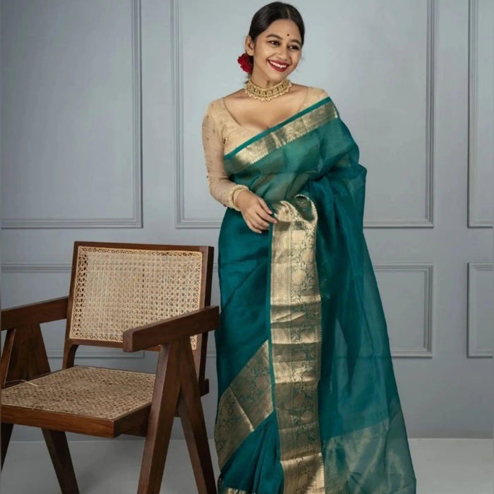 Banarasi Organza saree in Rama, adorable festive wear