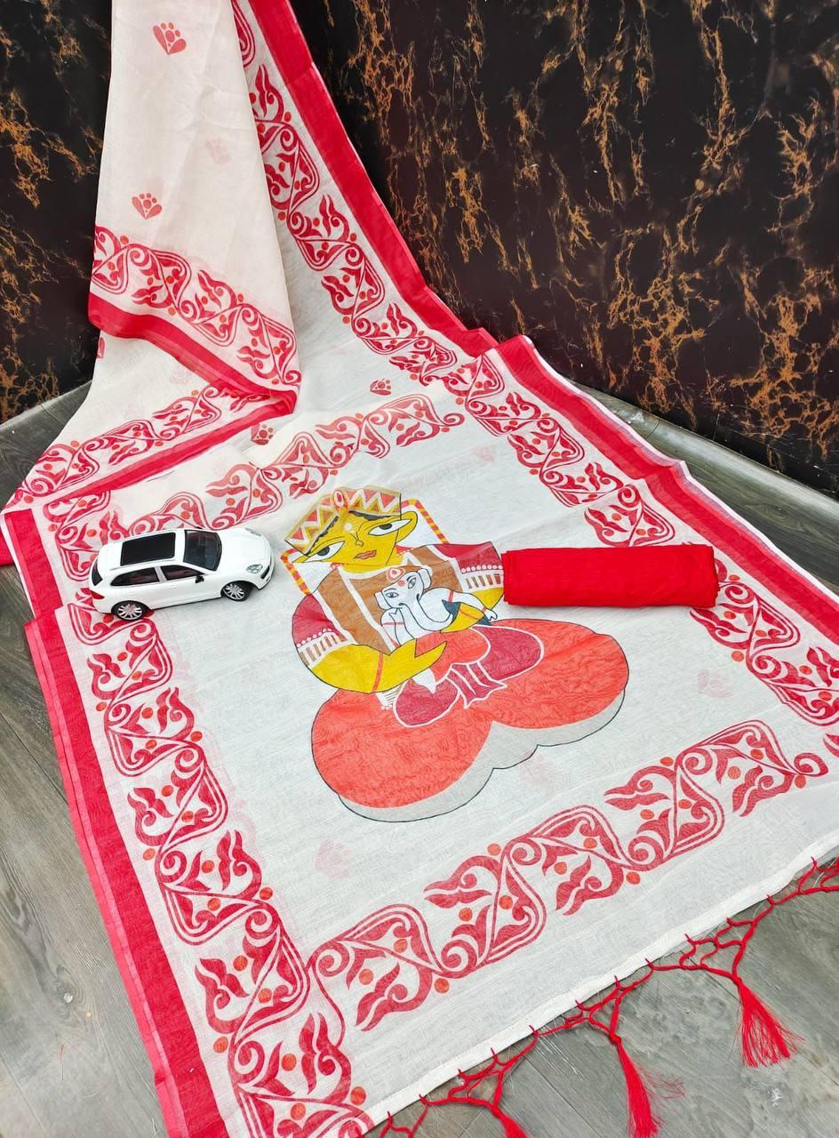 Beautiful Durga Puja White & Red Color Indian Saree - Ibis Fab