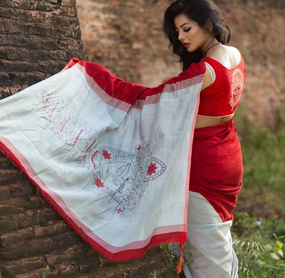 Beautiful Durga Puja White & Red Color Indian Saree - Ibis Fab