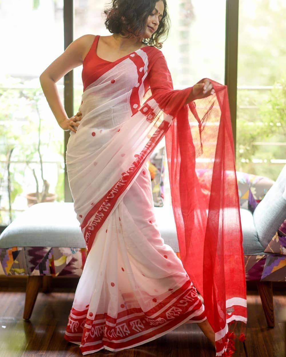 Beautiful Durga Puja White & Red Color Indian Saree - Ibis Fab