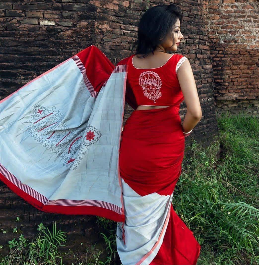 Beautiful Durga Puja White & Red Color Indian Saree - Ibis Fab