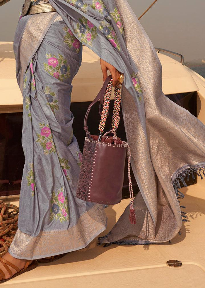 Beautiful Gray Colored Printed Pure Soft Silk Saree