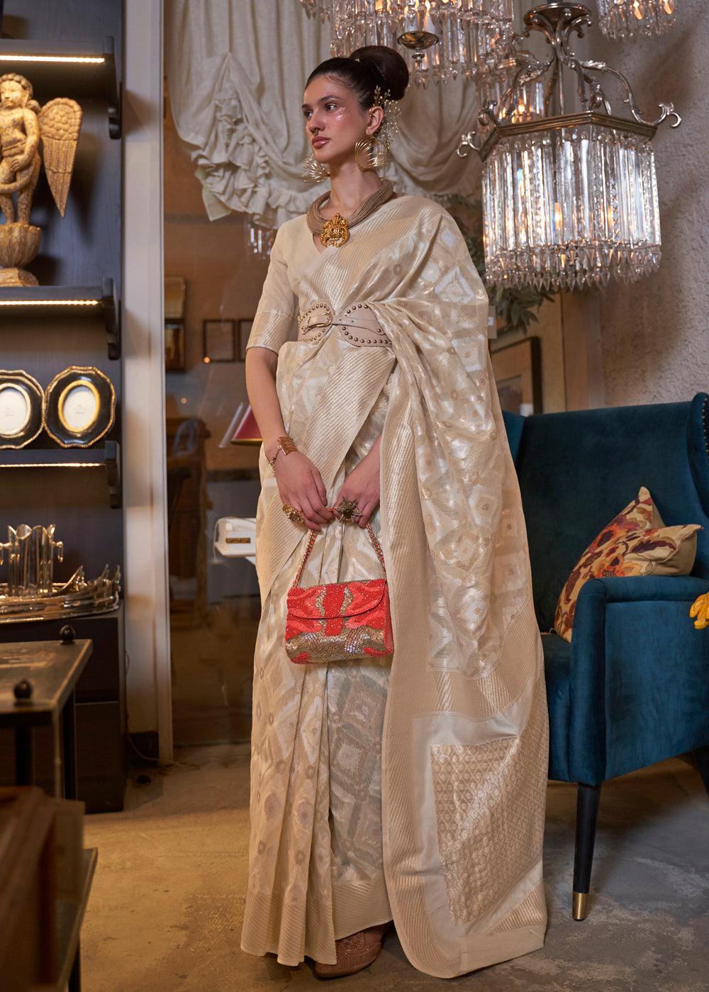 Beige Kanjivaram Saree With Unstitched Blouse - Ibis Fab