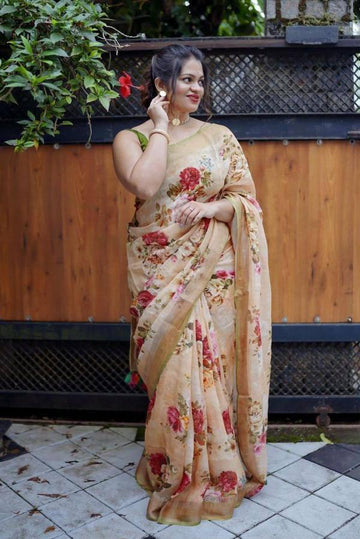 Beige Linen Casual Wear Digital Printed Saree