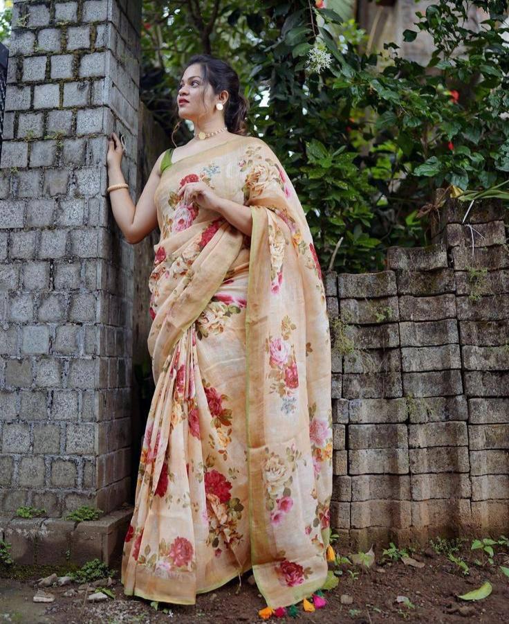 Beige Linen Casual Wear Digital Printed Saree - Ibis Fab