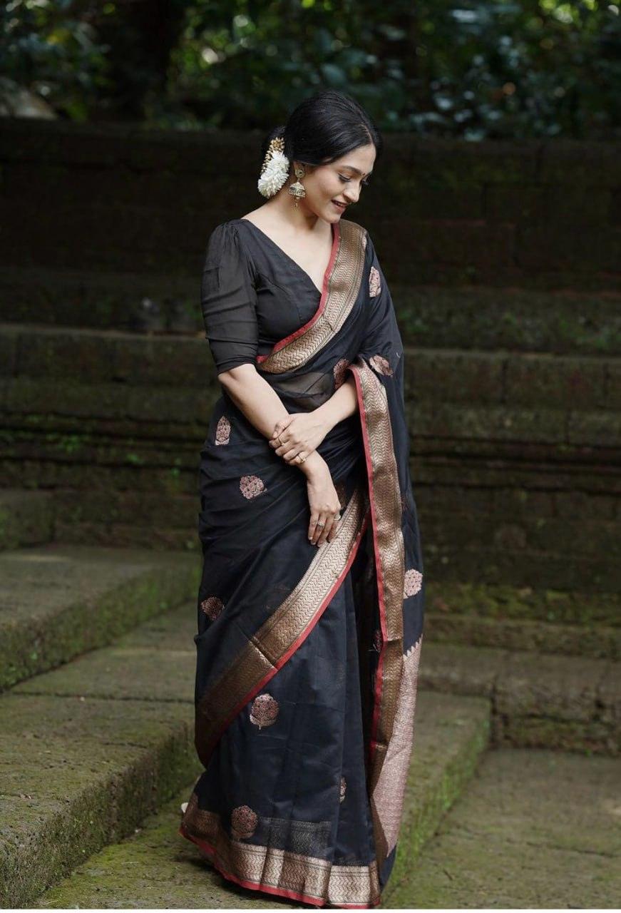 Black Banarasi Silk Saree, Wedding Wear - Ibis Fab