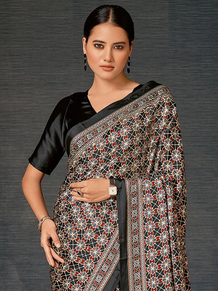 Black Colored Digital Printed Silk Saree - Ibis Fab