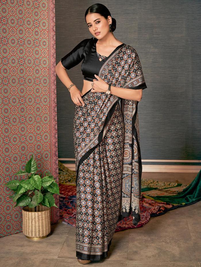 Black Colored Digital Printed Silk Saree - Ibis Fab