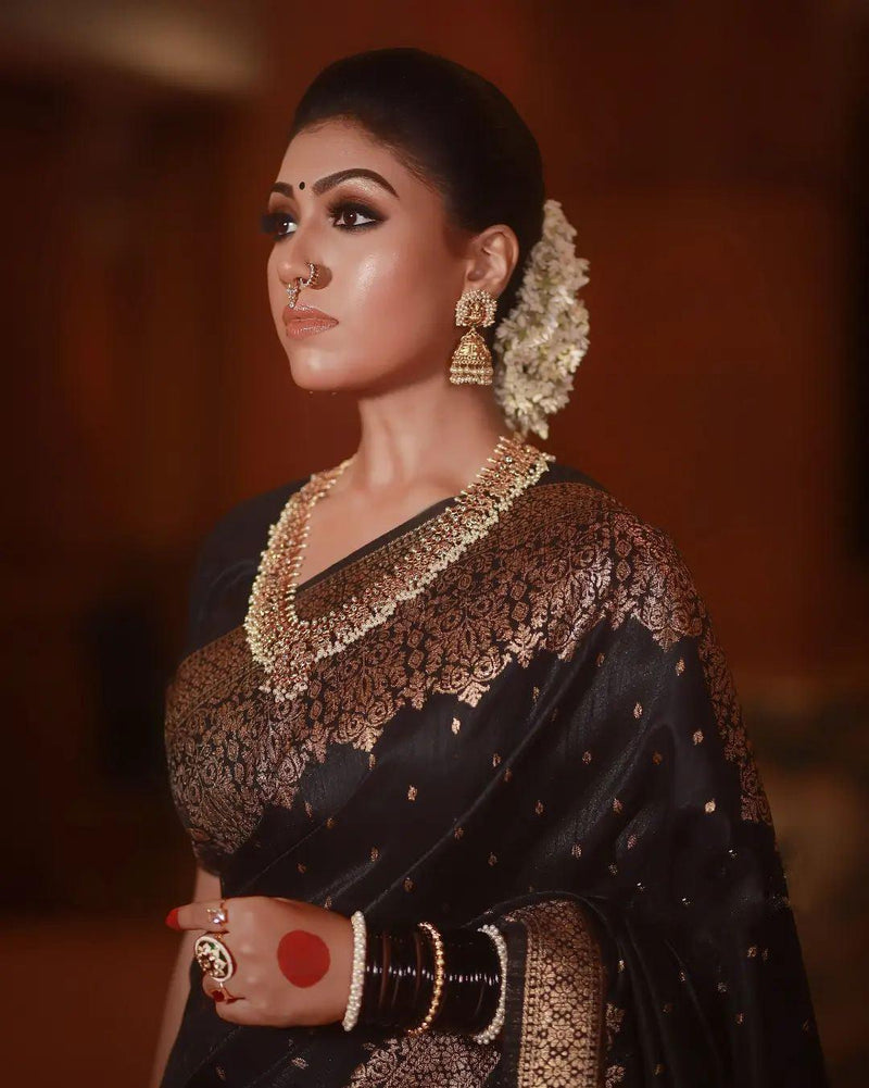 Black Soft Banarasi Silk Saree - Ibis Fab