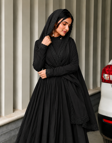 Elegant Black Cotton Anarkali Suit Set