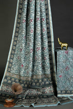 Blissful Sky Blue Colored Cotton Linen Designer Printed Saree - Ibis Fab