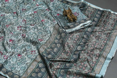 Blissful Sky Blue Colored Cotton Linen Designer Printed Saree - Ibis Fab