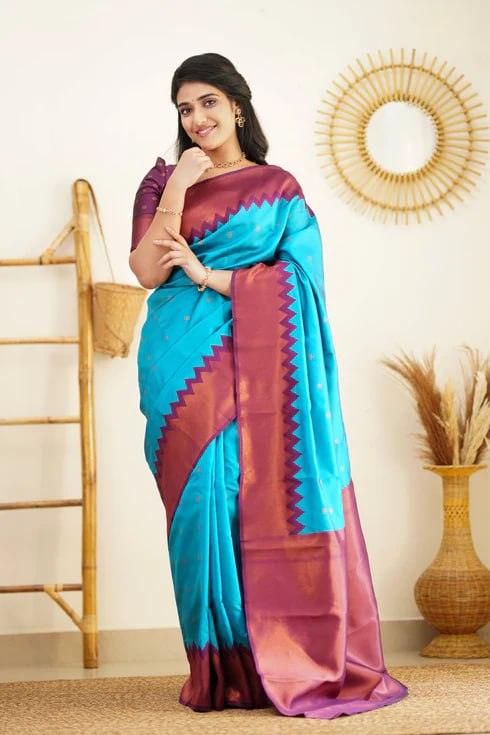 Blue Jacquard Work Soft Lichi Silk Saree - Ibis Fab